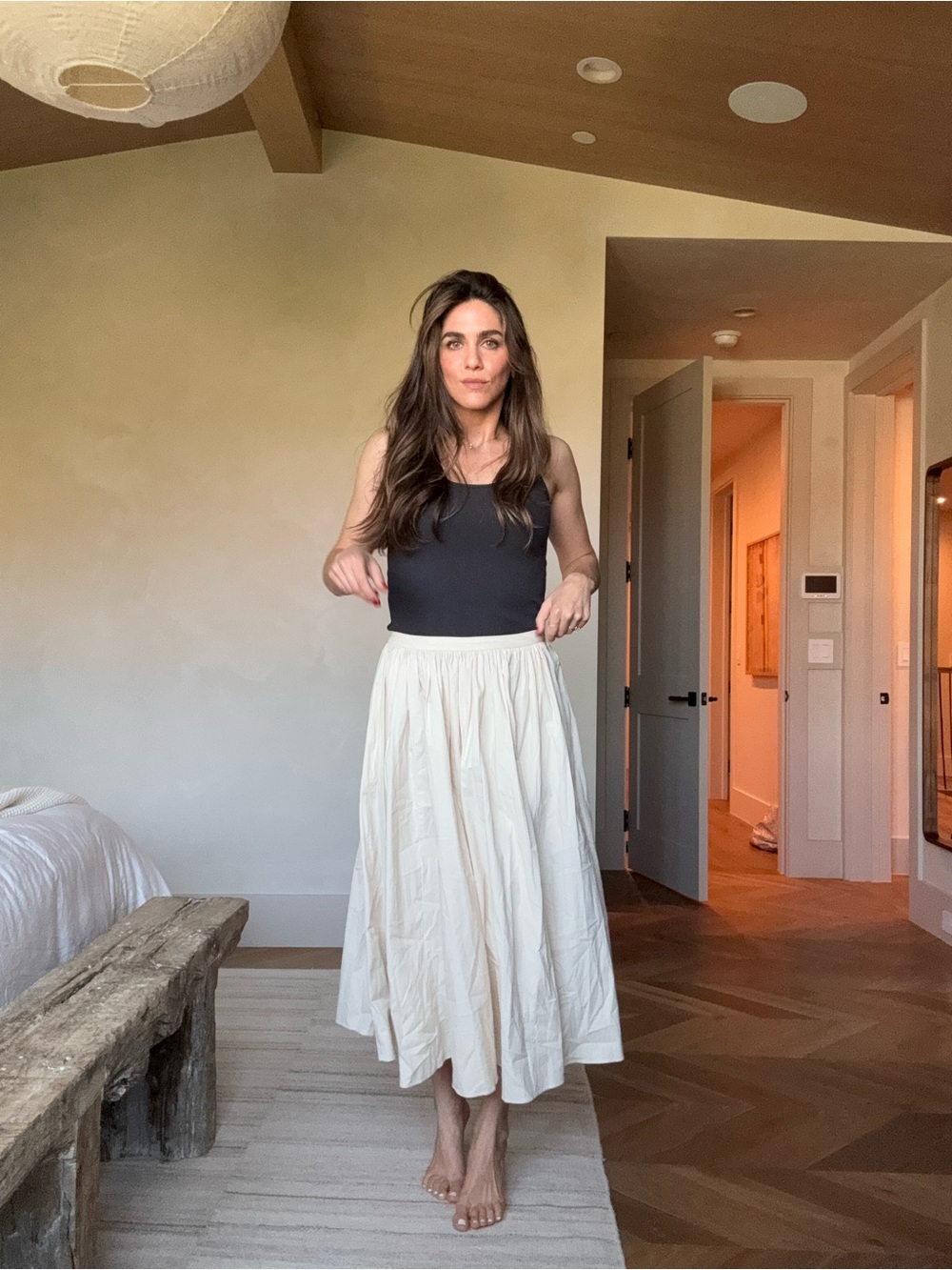 Astr Cream Midi Skirt with Gathered Waist